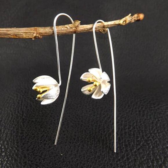 Beautiful Lotus Flower Long Dangle Earrings - Picture 4 of 15